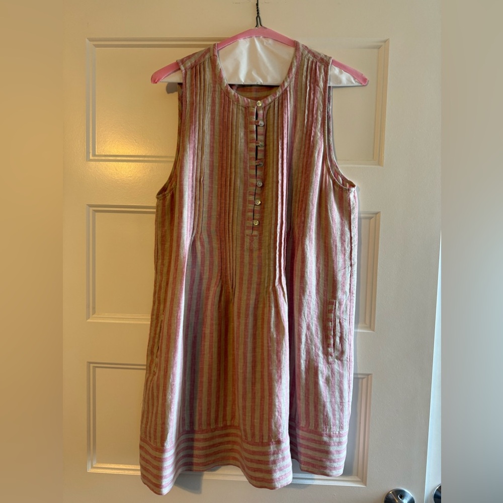 Faherty Isha Pink and Tan Striped Linen Dress Size Large